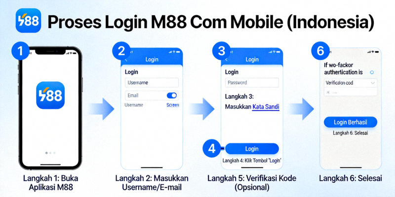 Diagram alur langkah demi langkah proses login M88 Com Mobile untuk pengguna Indonesia