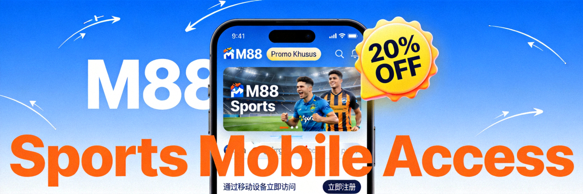 Banner akses M88 Sports melalui perangkat mobile dengan promo khusus